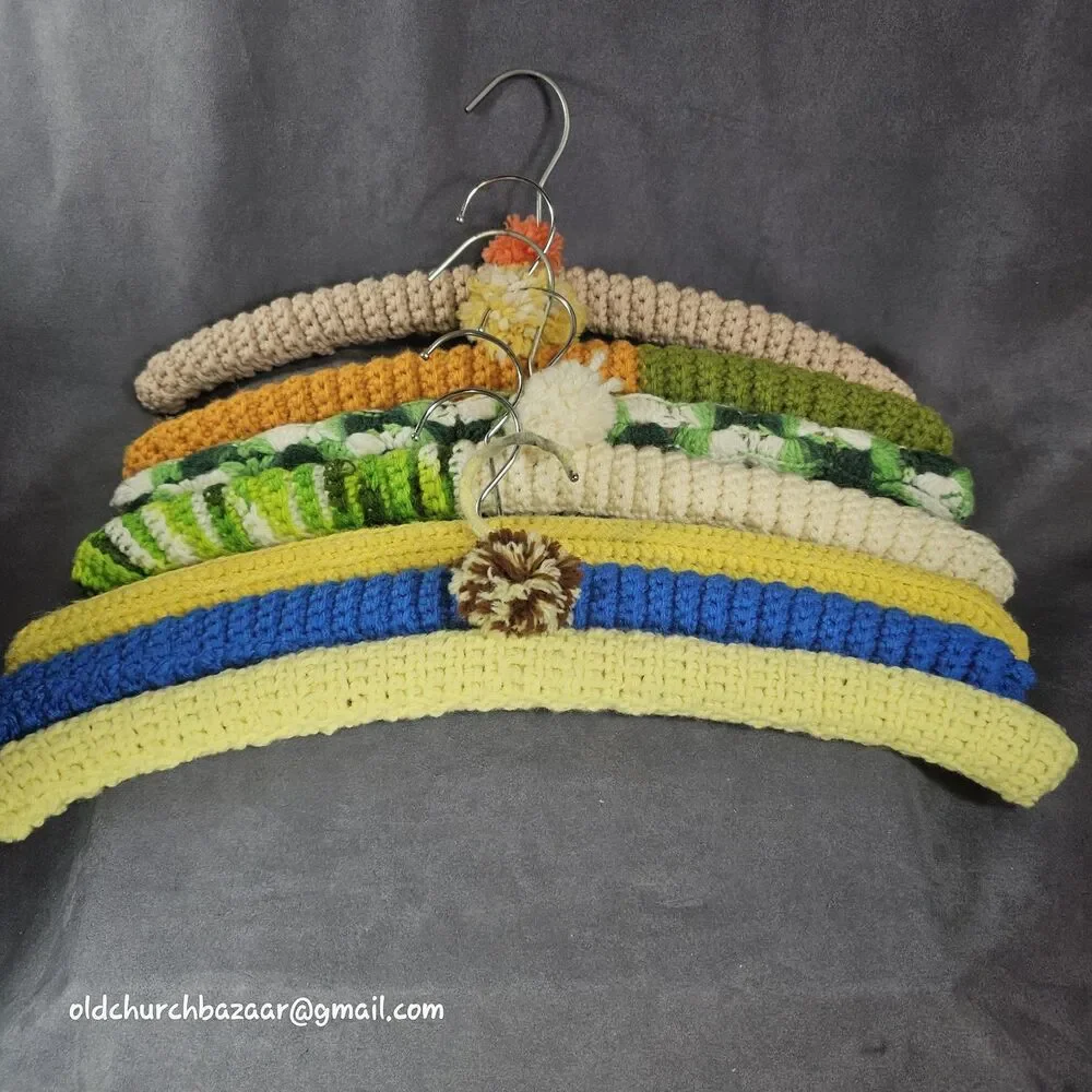 Lot of 7 Vintage Crochet Yarn Covered Wood Clothes Hangers Various Colors